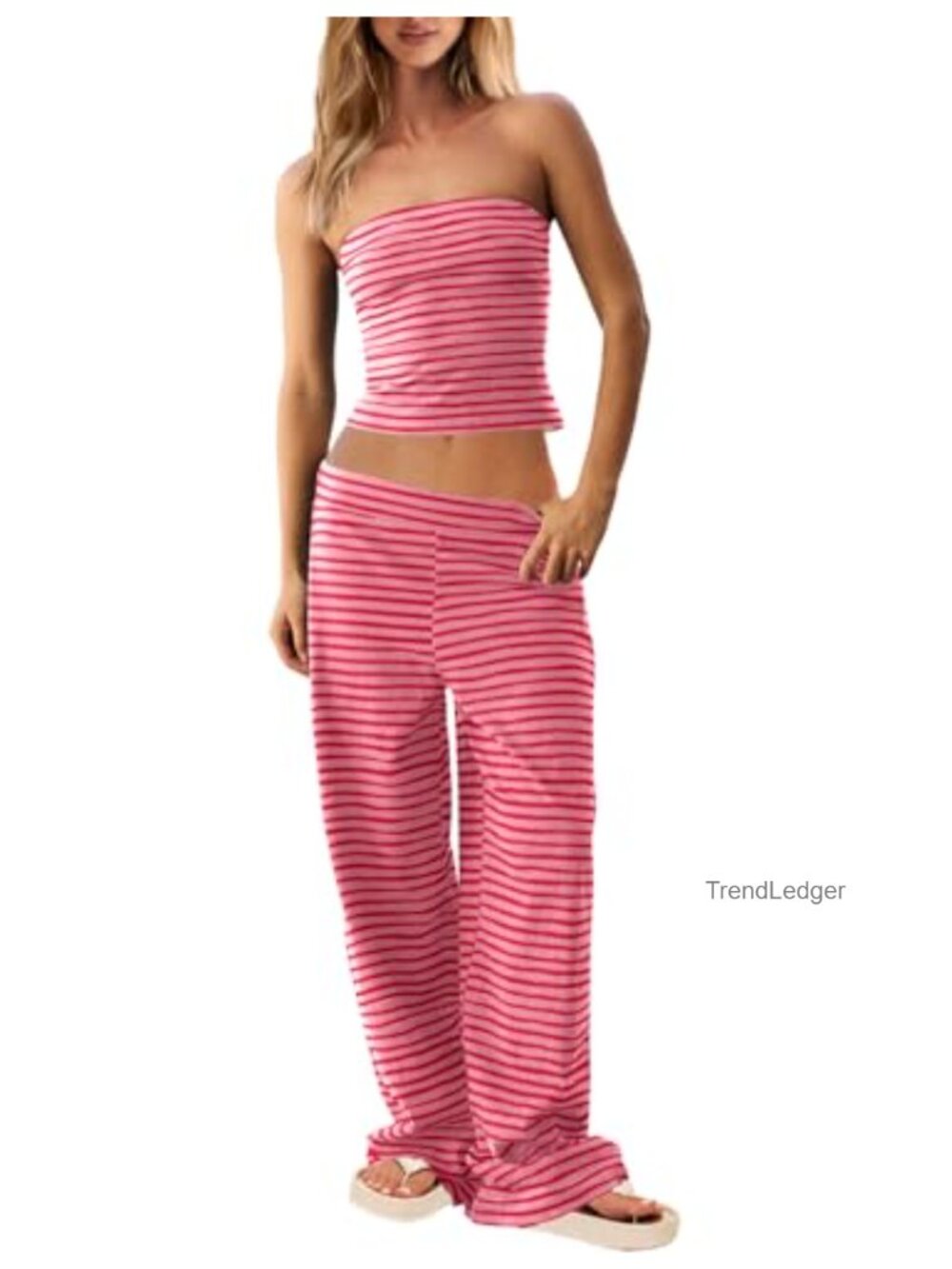 Women's Striped Two Piece Lounge Set Strapless Tube Top Wide Leg Pants Summer